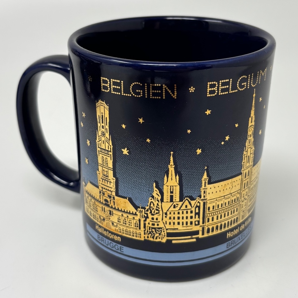 Bockling Belgium Souvenir Coffee Mug Cup Blue Metallic Gold Cityscape Buildings